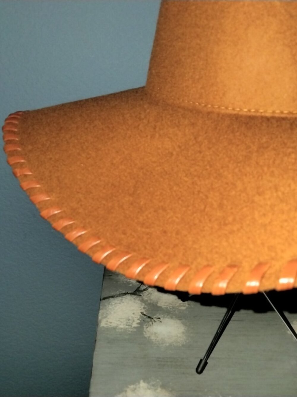 Wide Brim Hat, Cognac Wool with Faux Leather Trim by Phase 3, Boho Chic - Picture 4 of 10